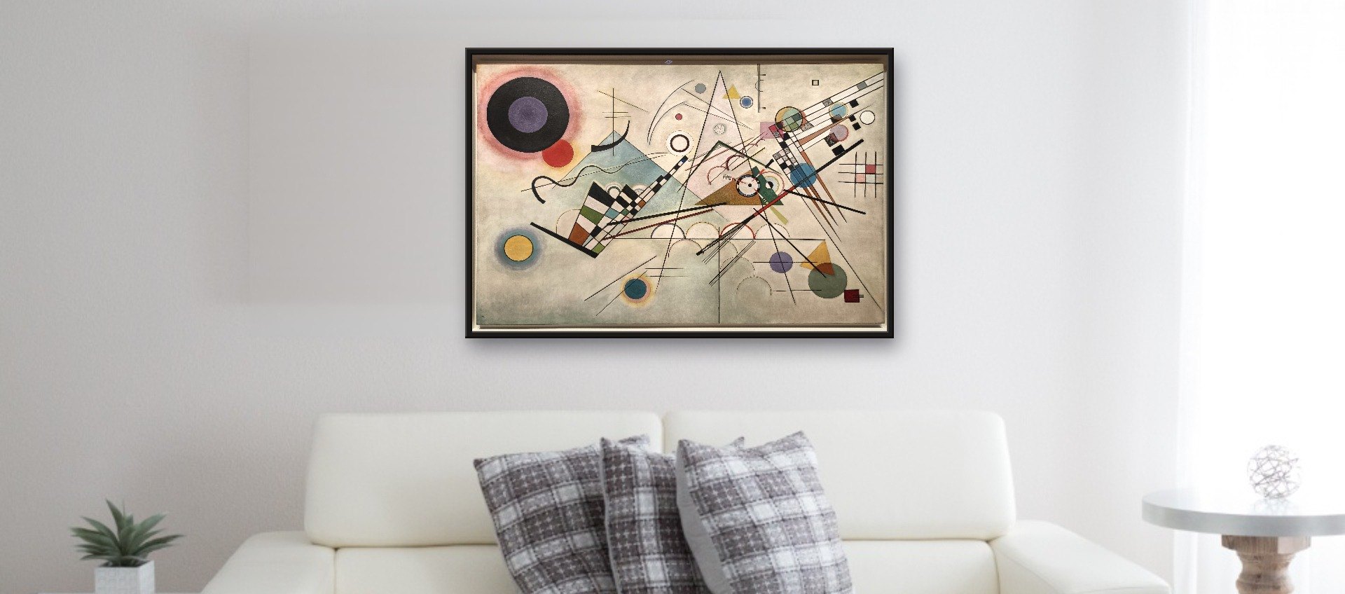 Composition VIII by Wassily Kandinsky · Wieco Art canvas print, 36 × 24 in (90 × 60 cm), gallery-wrapped, rendered at true scale above a sofa