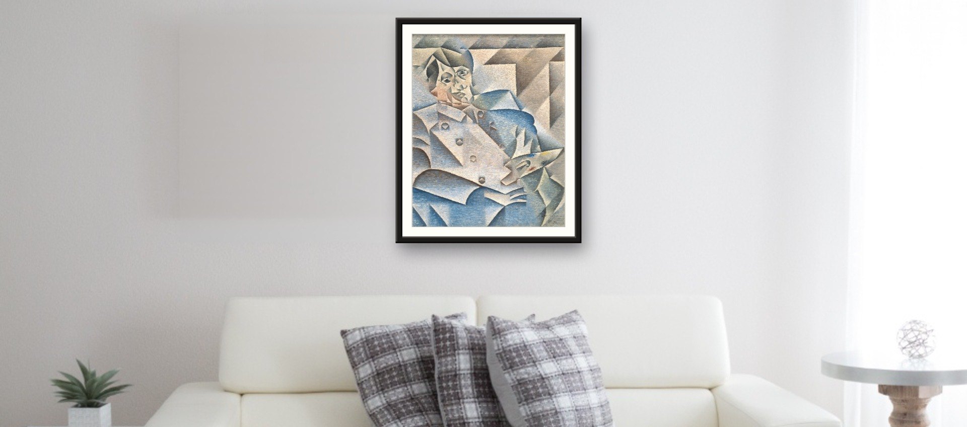 Portrait of Pablo Picasso (1912) by Juan Gris · cubism, archival giclée print, 18 × 24 in print (46 × 61 cm), framed by you, rendered at true scale above a sofa