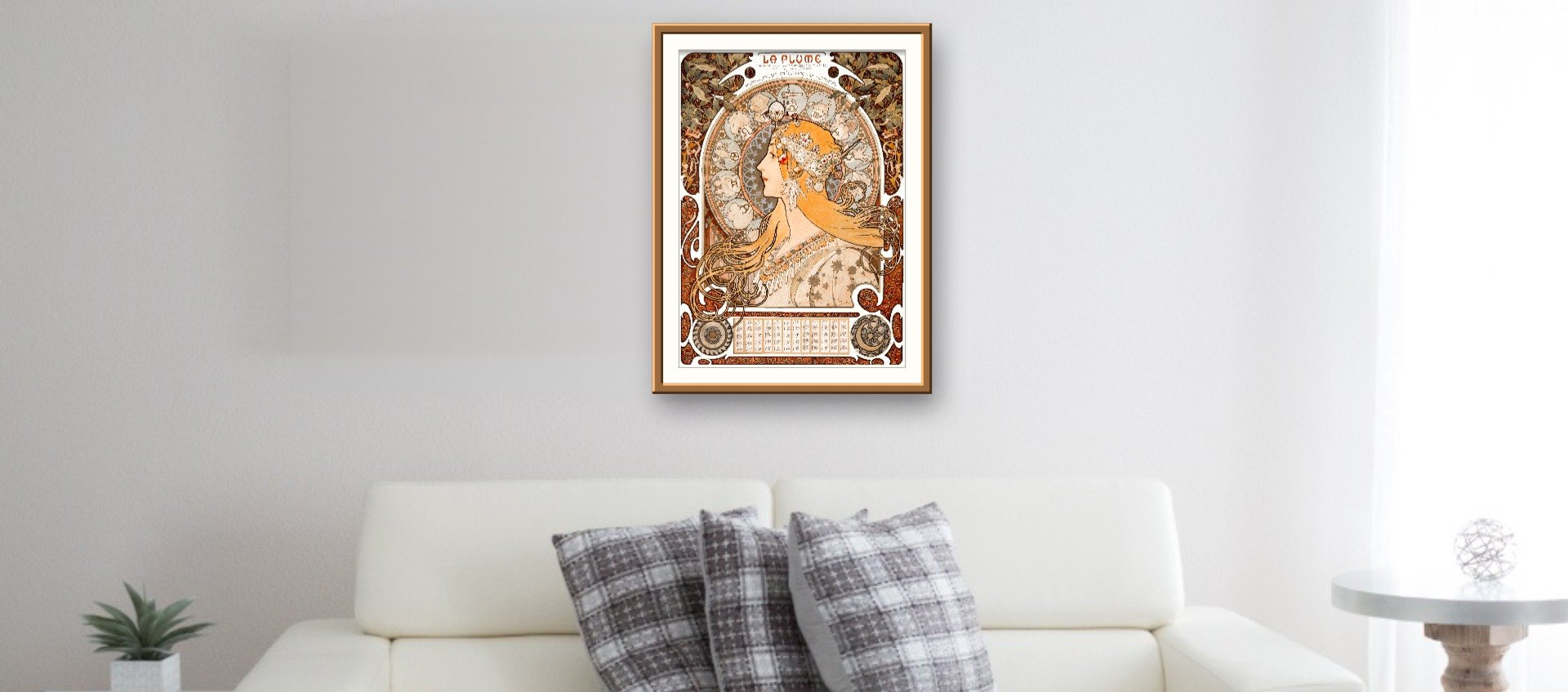 Zodiac - La Plume (1896) by Alphonse Mucha · Art Nouveau, premium giclée, A2 (42 × 59 cm), framed by you, rendered at true scale above a sofa
