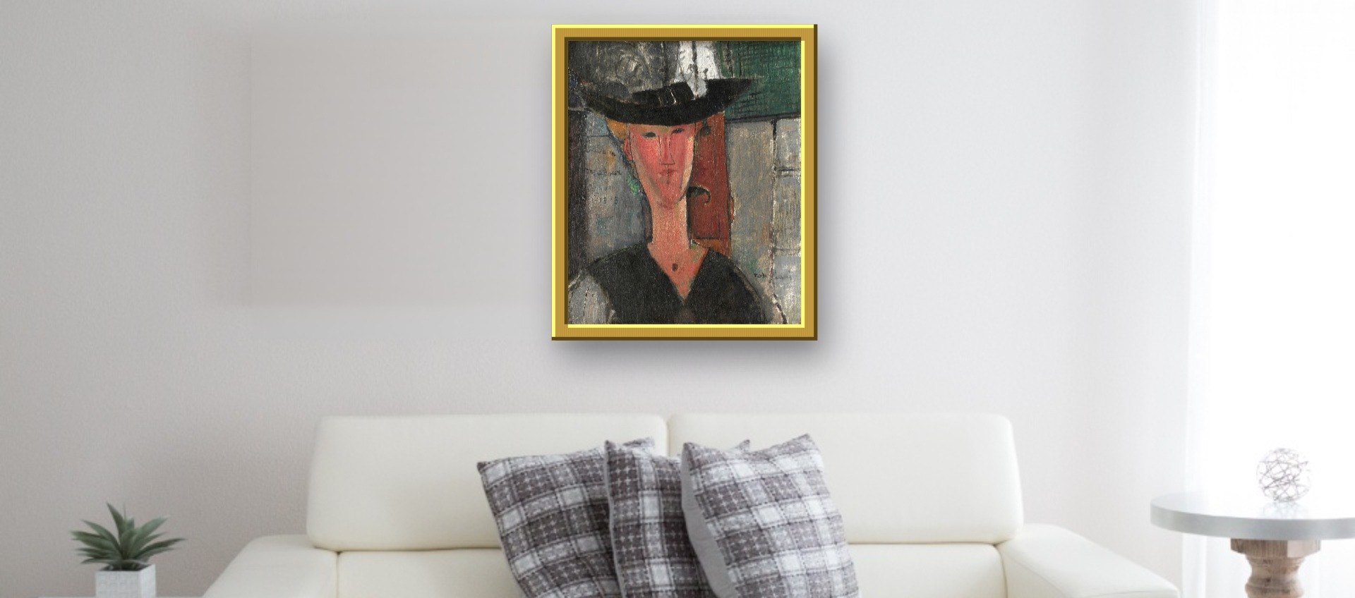 Madame Pompadour (1915) by Amedeo Modigliani · example of a modern-art lot, 50 × 61 cm, rendered at true scale above a sofa